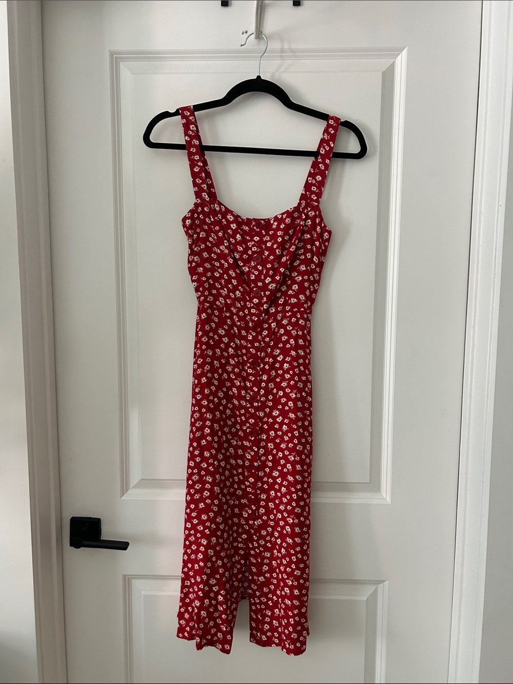 Reformation Red Floral Midi Dress with Square Neckline